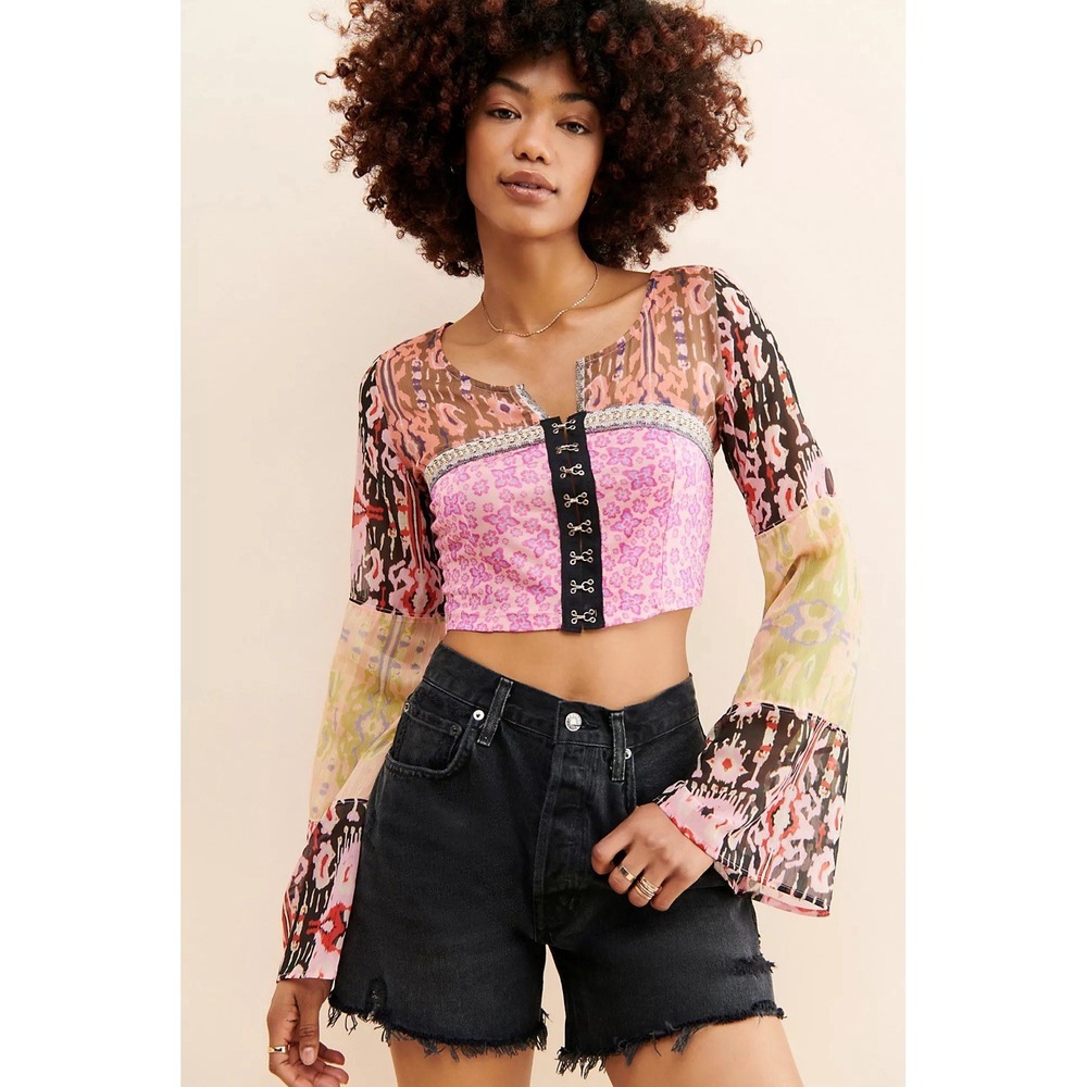 Free People Walk That Walk Blouse Top cropped wide sleeves mixed printed Size M